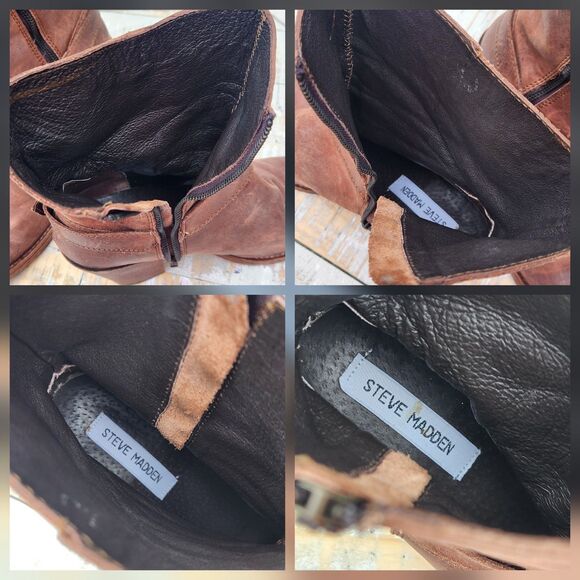 Y2K Vintage Steve Madden Boots Women's 10 Brown Distressed Leather Belted Biker - Picture 7 of 14